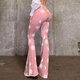 Women's Pants Pink Low Waist Flared Pant Abstract Printed Wide Leg Women Moon Sun Straight Leggings Slim Fit Chic Trousers