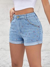 Women's Jeans Trendy Coloured Diamond Studded High Waisted Denim Shorts With Rolled Edges And Bulletless