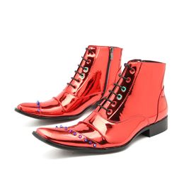 British Style Performance Party Shoes Fashion Rivet Pointed Toe Oxfords Boots Original Patent Leather Men Derby Boots