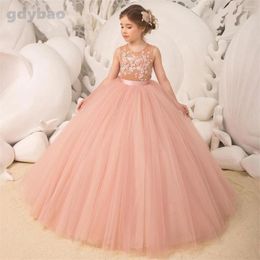 Girl Dresses Pink Tulle Princess Gowns Flower Dress Wedding Wear O-neck Applique Buttons Back Pageant First Communion Prom Ball