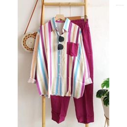 Gym Clothing 2 Piece Set Women Striped Suits Summer Vintage Pockets Blouse Long Sleeve Shirts Suit Casual Trendy Solid Wide Leg Pants