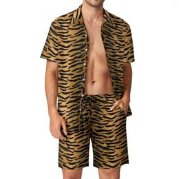 Men's Tracksuits Golden Tiger Print Men Sets Animal Skin Lovers Casual Shorts Trending Beachwear Shirt Set Short Sleeves Graphic Oversize