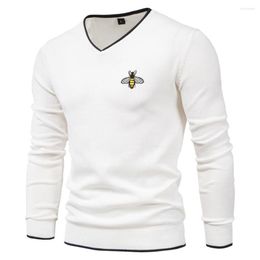 Men's Sweaters Mens Cotton Bee Embroidery Pullover V-neck Boys Solid Colour High Quality Knitted Sweater Keep Warm Winter