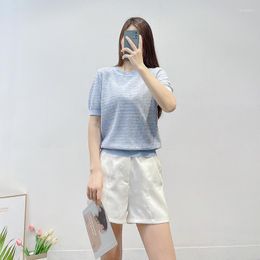 Women's Sweaters Knitted Casual Tees For Women Pullovers Short Sleeves Blue Colour Sequined Tops T-Shirt