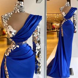 2022 Arabic Aso Ebi Luxurious Beaded Crystals Prom Dresses Royal Blue High Neck Evening Dress Sheath One Shoulder Split Mermaid Fo229Q