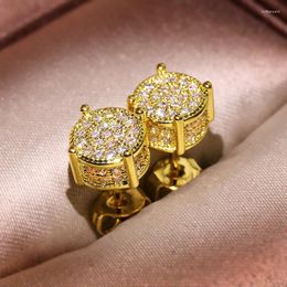 Stud Earrings Mens Zircon Earring Hip Hop Copper Material Iced Bling CZ Round Silver Gold Color Screw-back Fashion Jewelry