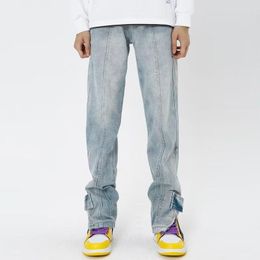 Men's Jeans Trendy Denim Cargo Pants Hip Hop Streetwear Skateboard Fashion Spliced Slit Full Button Baggy Men 5086