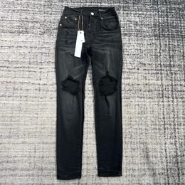 Men's Jeans Men Slim Stretch Ripped Knee Washed Black