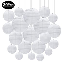 Other Event Party Supplies 30pcs/lot 4''-12'' White Chinese Paper Lanterns Ball Hanging Round Lantern for Wedding Birthday Party Eid Ramadan Decorations 230812