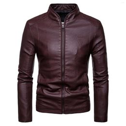 Men's Jackets 2023 Mens Fashion Long Sleeve Leather Jacket Slim Fit Stand Collar PU Male Anti-wind Motorcycle Zipper Men