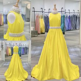 Yellow Satin Girl Pageant Dress 2020 with Beaded Pearls High Neck Collar A Line Zipper Kids Prom Party Cocktail Birthday Wear Gown232E