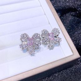 Stud Earrings Luxury Pink Stone Cubic Zirconia Bowknot For Women Platinum Plated Party Gift Jewellery