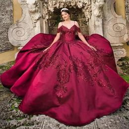 2022 Dark Red Quinceanera Dresses Sparkly Sequined Lace Ball Gown Spaghetti Straps Off Shoulder Crystal Beads Corset Back Satin Sw280J