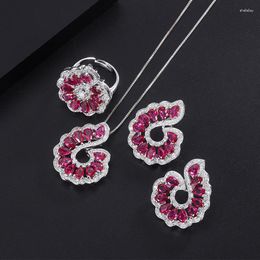 Necklace Earrings Set 925 Silver Needle Jewellery Imitation Pigeon Red Corundum Pendant Suitable For Women Fashion Exquisite Ring