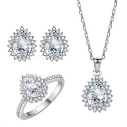 Simple and Versatile 6 * 8mm Water Droplet Shaped Sparkling Zircon Ring Necklace Earrings 925 Sterling Silver Jewelry Set