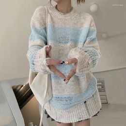 Women's Sweaters 2023 Y2K Lazy Style Knitted Sweater Korean Fashion Frayed Loose Pullover Fairycore Sweet Oversized Jumper Striped Hole