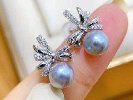 Dangle Earrings Charming South China Sea Round 9-10mm Grey Pearl 925s Silver