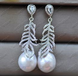 Dangle Earrings Z11847 15mm Feather CZ White Teardrop KESHI Reborn Pearl Earring