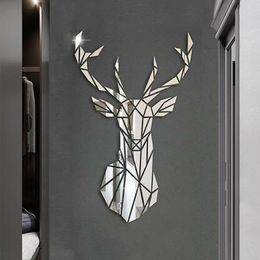 Wall Stickers 3D Mirror Wall Stickers Nordic Style Acrylic Deer Head Mirror Sticker Decal Removable Mural for DIY Home Living Room Wall Decors 230812