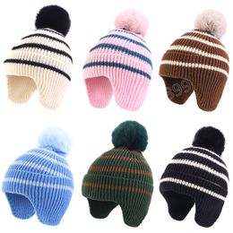 New Stripe Winter Baby Beanie Cap Boys Girls Winter Warm Knit Ear Protection Cap for Toddler Korean Big Pompom Kids Crochet Hat