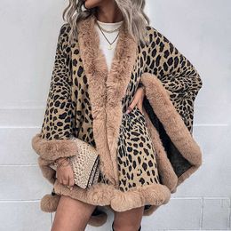 Collar Cape Cardigan Leopard Pattern Printed Sweater Female Coats Short Batwing Sleeve Black Knit Pullover