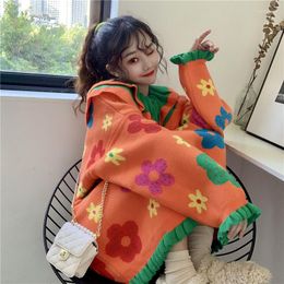 Women's Sweaters 2023 Autumn Winter Doll Collar Thicked Flower Print Knit Sweater Ins Conteast Colour Patchwork Long Sleeve Pull Femme