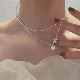 Chains European And American Vintage Double Layer Moonlight Stone Necklace Women Sweet Gradual Gem Pink Heart Shaped Collar Chain