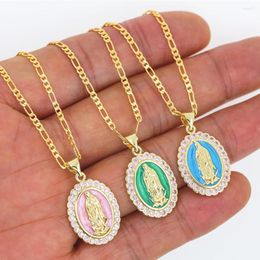 Pendant Necklaces 2023 Luxury Pink Blue Green Enamel Shell Virgin Mary Micro Pave Cubic Zirconia Charm Necklace For Women Party Wedding J