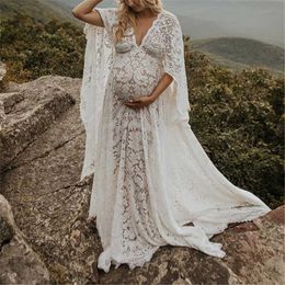 Boho Lace Maternity Photography Props Dresses Free Size Adjustable Pregnancy Photo Shoot Bohemian Long Dress Sides Slit