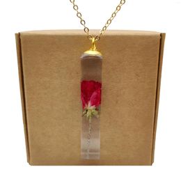 Pendant Necklaces Red Rose Real Flowers Transparent Cube Resin Gold Colour Chain Long Necklace Women Boho Fashion Jewellery Bohemian Vintage