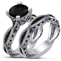 Cluster Rings Size 6-10 Vintage Jewelry 925 Sterling Silver&Black Gold Fill Round Cut Sapphire CZ Diamond Party Women Wedding Bridal Ring