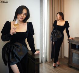 Vintage Black Velvet Square Neck Evening Dresses With Long Sleeves Big Bow Sheath Women Formal Party Gowns Ankle Length Split Sexy Second Reception Prom Dress CL2709