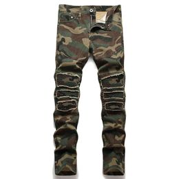 Mens Jeans Men Camouflage Print Patchwork Biker Slim Straight Trousers Army Green Pocket Denim Pant Pantalon Homme 230812