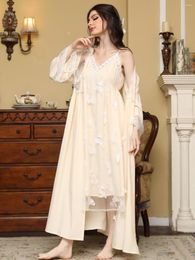 Women's Sleepwear Women Lace Robe Nightdress Two Piece Sets Flare Sleeve Fairy Cotton Mesh Vintage Princess Nightgown Pyjama Victorian