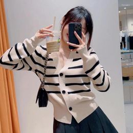 Women's Sweaters Striped Fashion Knit White Color Women Sweater Full Sleeves V-Neck BUtton Loose Causal Lady Short Jackets Cardigan Clothing