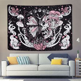 Decorative Objects Figurines Skull Tapestry Hippie Mushroom Tapiz Aesthetic Moth Wall Hanging Moon Star Snake Bedroom Art Decortion Home Room Decor 230812