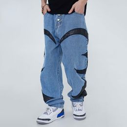 Men's Pants American Retro PU Leather Patchwork Jeans Men Harajuku Baggy Hip Hop Straight Denim Trousers Woman Contrasting Colours 230812