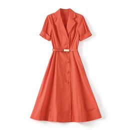 2023 Summer Orange Solid Colour Waist Belted Dress Short Sleeve V-Neck Buttons Midi Casual Dresses W3Q064705