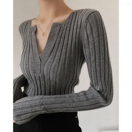 Women's Sweaters Autumn Temperament Screw Thread Solid Colour Knitting V-neck Long Sleeve Sweater Ladies Fashion Patchwork T-Shirt Tops