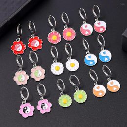 Dangle Earrings Korean Fashion Yin Yang Flower Enamel Drop Sweet Girl Jewellery Gold Silver Colour Multicolor Small Fresh Metal