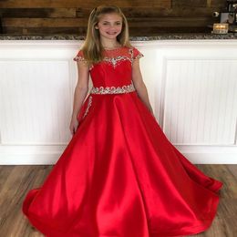 Red Satin Pageant Dress for Teens Juniors 2021 Pockets Sparkle Bling Crystal Long Pageant Gown for Little Girl Cap Sleeve Formal P260x