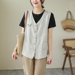 Women's Vests Retro Linen Vest Ladies Summer Thin Section Loose V-Neck Casual Sleeveless Slim Cotton Top In Jackets For Women