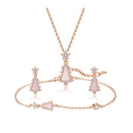 S925 Sterling Silver Pink Shell Christmas Tree Necklace Women's Clavicle Chain Bracelet Ear Stud Set