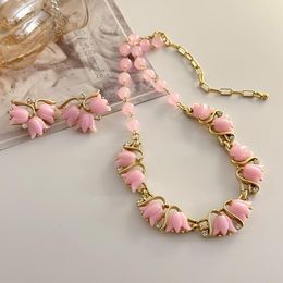 Necklace Earrings Set Hip-hop Exaggerate Necklaces For Women With Pink Beaded Flowers Style Girls Sweet And Cute