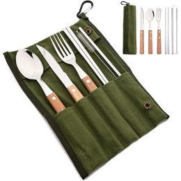 Dinnerware Sets 7Pcs/Set Stainless Steel Fork Spoon Chopsticks Travel Camping Cutlery Tools Tableware Portable Steak Knife Set