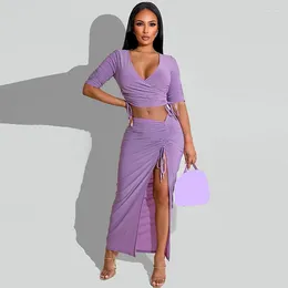 Work Dresses WUHE Draped V-neck Crop Top And High Side Split Ruched Up Waist Maxi Long Skirt Two Piece Set Fashion Elegant Women Outfit