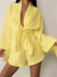 Women's Sleepwear Linad Yellow Pyjamas For Women 2 Piece Sets Loose Long Sleeve Female Casual Home Suits With Shorts Autumn Nightwear
