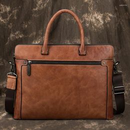 Briefcases Est Genuine Leather Laptop Bag Business Travel Briefcase Shoulder Dual Use Men Bags For Office Worker