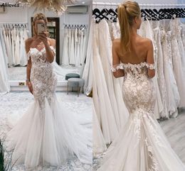 Vintage Floral Lace Mermaid Wedding Dresses Arabic Aso Ebi Off The Shoulder Court Train Tulle Bohemian Country Bridal Gowns Sexy Backless Reception Robes CL2711