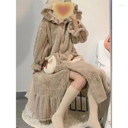 Women's Sleepwear Winter Bathrobe Hooded Thick Warm Ladies Flannel Dressing Gown Solid Cute Korea Style Night Wear Bath Robe For Femlae